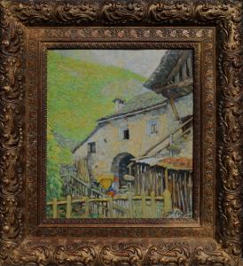 Vista alpina com camponesa e montanha, de Mario Moretti Foggia (1891-1954)